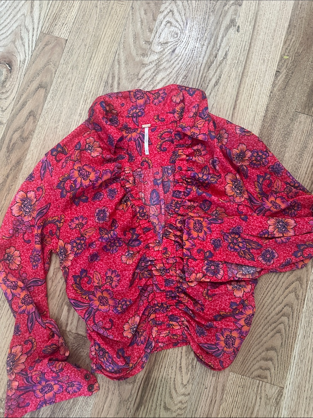 Free people Women's Red Floral Ruffle Front Blouse